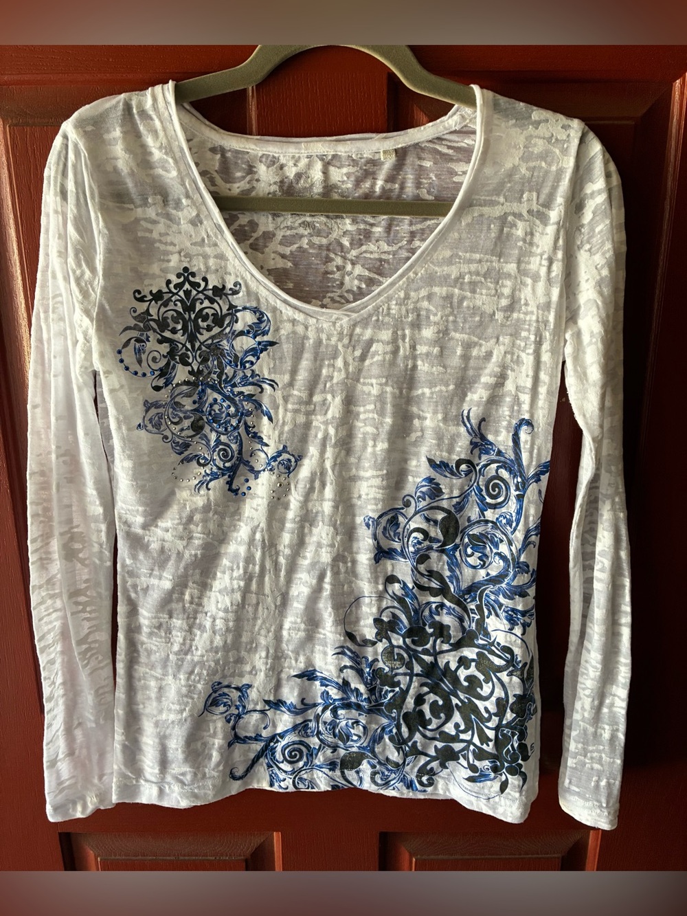 Panhandle Slim White Burnout Long Sleeve Western Graphic Tee Rhinestone Medium